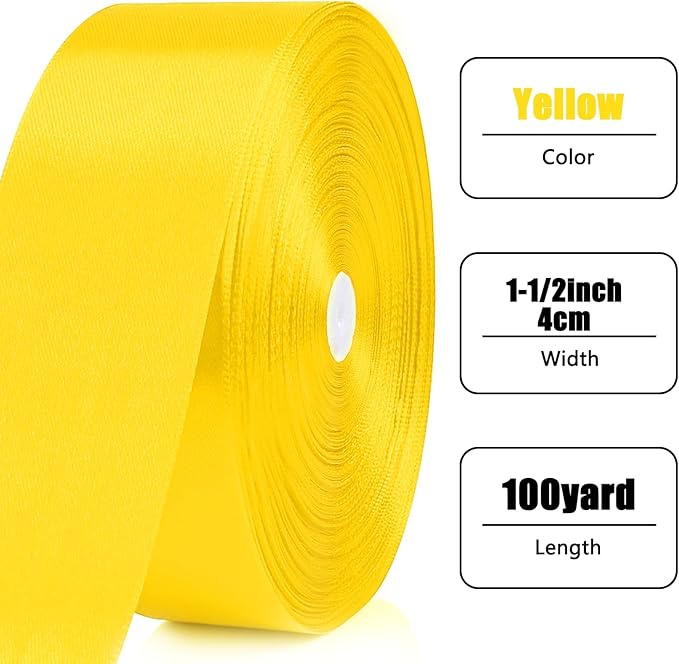 NESCCI 100 Yards Ribbon,1-1/2 Inch Yellow Satin Ribbon,Single Face Satin Ribbons,Perfect for Gift Wrapping,Wedding Decoration,Handmade Bows,Wrapping Bouquet and More