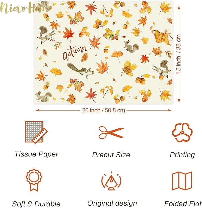 NICROHOME EUR Fall Wrapping Tissue Paper, 24 Sheet Orange Autumn Maple Leaves Gift Wrap Tissue Paper for Fall Baby Shower Wedding Party Decor, Thanksgiving Day Gift Packaging Supplies 15 x 20 Inch