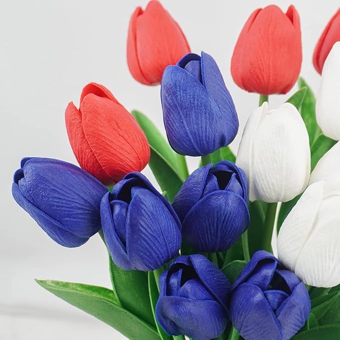 18 Pcs Real Touch Tulips Artificial Flowers, Patriotic Flower for 4th of of July Decoration Cemetery Flowers for Grave Vase Memorial Day Independence Day Decor