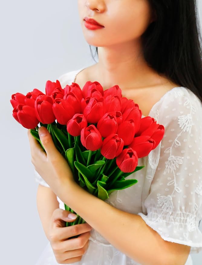 36 PCS Red Tulips Artificial Flowers 13" PU Fake Flowers for Wedding Home Decor (Red)