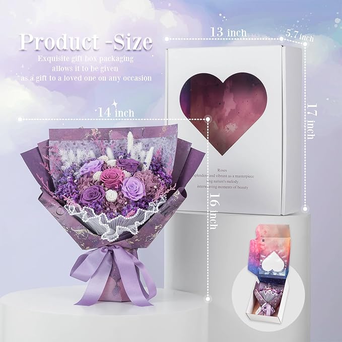 large Preserved flowers Bouquet with Real Roses,Long Lasting flower for delivery prime,Birthday for Women,Wedding,Mother’s Day,Valentine’s Day,Anniversary,Wife,Girlfriend,Christmas Gifts(Purple)