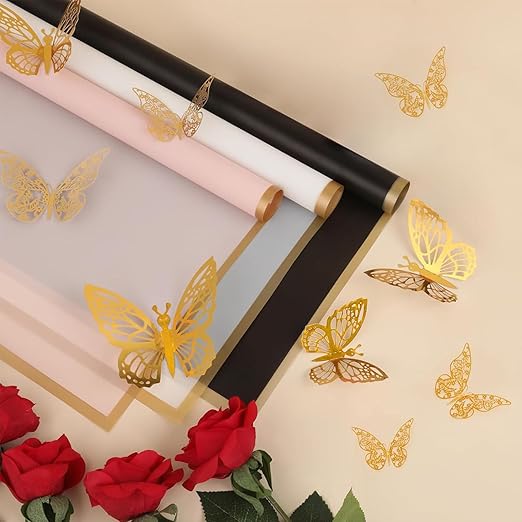 Woohome 152 PCS Flower Bouquet Wrapping Paper Floral Wrap Sheets Gift Packaging Paper with 3D Butterflies Diamond Pins Ribbons for Wedding Valentines Florist Supplies, Black