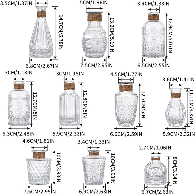 MDLUU Glass Bud Vases, Decorative Glass Bottles, Vintage Embossed Different Shapes for Wedding Centerpiece, Party, Home Decor, Set of 10 Clear