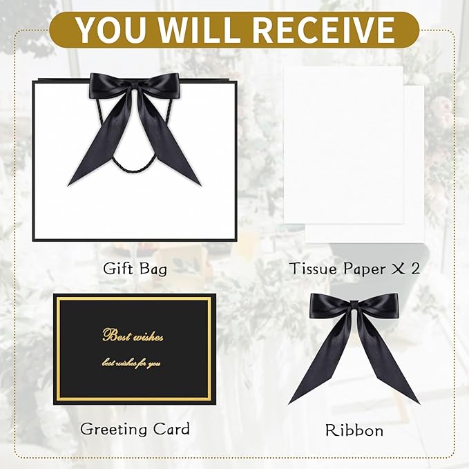 JMANNI Gift Bag, Medium Gift Bags with Tissue Paper, 2Pcs Gift Bags Medium Size with Handle and Bow Ribbon for Any Birthday, Weddings, Mothers Day & Special Occasion 11''x7.87''x4'' (Black-White)