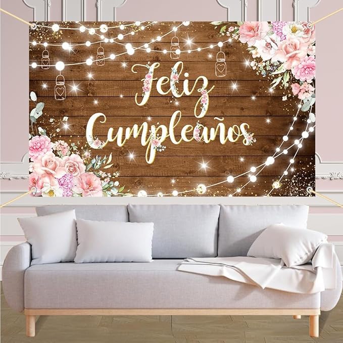 Feliz Cumpleaños Backdrop Pink Floral Retro Mexican Fiesta Happy Birthday Party Decorations Mexico Carnival Birthday Banner Photo Shoot Props 8x6ft
