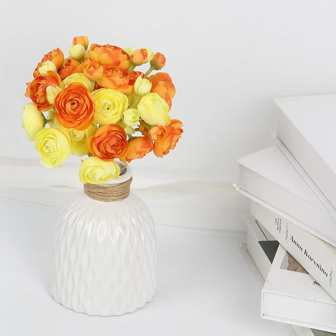 IPOPU Artificial Ranunculus Silk Flowers with Stems 12PCS Mini Fake Flowers for DIY Wedding Bouquet Bridal Shower Decorations Floral Filler Flowers Centerpieces (Orange Yellow)