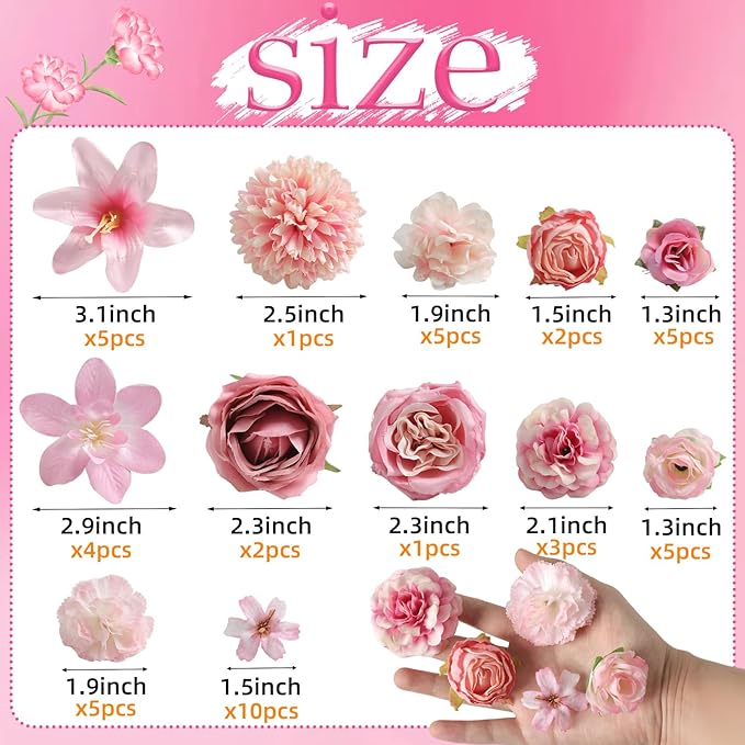 Fake Flower Heads for Crafts - Pink Silk Artificial Roses, Peonies, Daisies & Mini Floral Heads Bulk (48-Pack) for Wedding Decor, Graduation Cap, Cake Topper, Baby Shower, Home Decoration