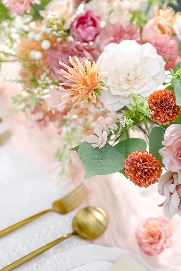 YYHUAWU Artificial Flowers Combo Set Fake Flower Leaf Box with Stems for DIY Wedding Bouquets Centerpieces Flower Arrangements Decorations Baby Shower Party Home Decorations Orange Pink