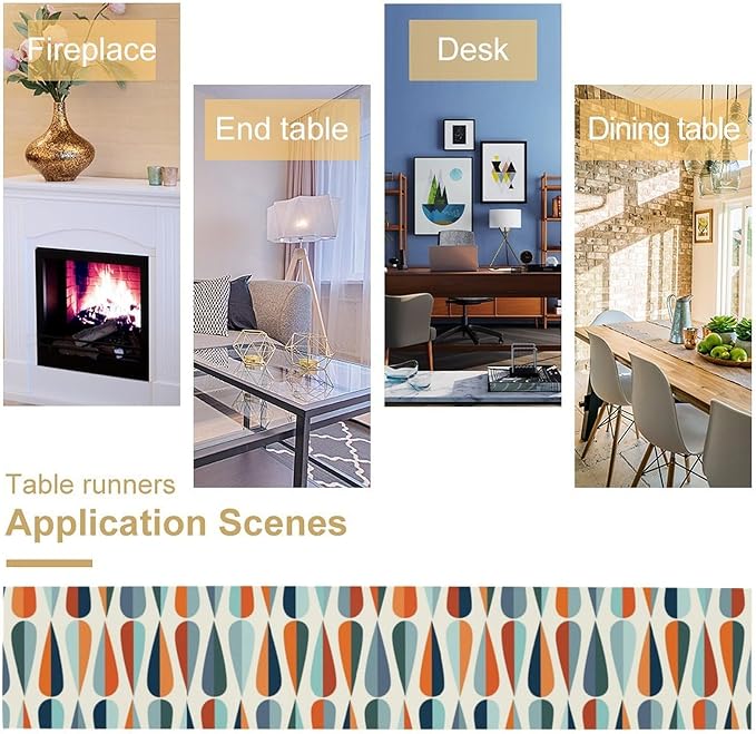 Mid Century Modern Table Runner Retro Blue Orange Grey Water Droplets Geometric Table Runner for Kitchen Dining Room Dining Table Decoration 13x120in