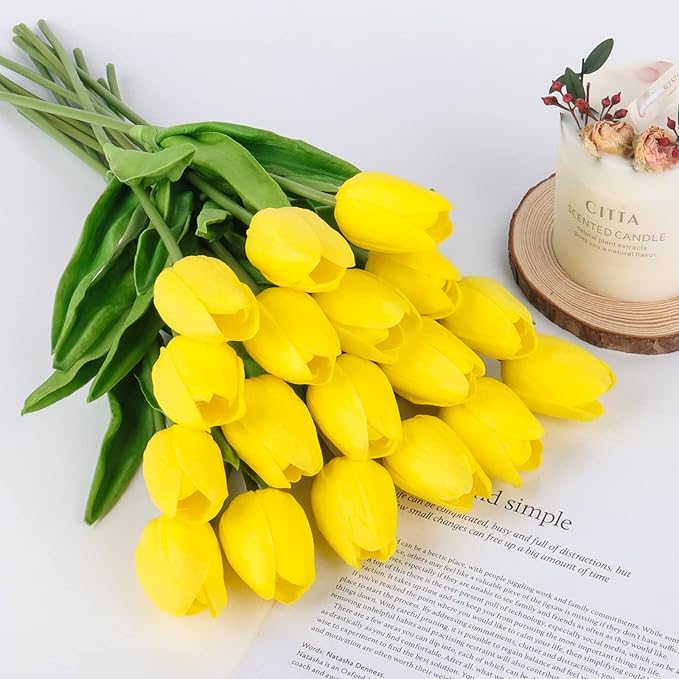 Beferr Tulips Artificial Flowers 18Pcs Faux Tulip Real Touch Tulip Fake Flowers Bouquets Arrangements for Mothers Day Spring Easter Home Wedding Table Decor Yellow