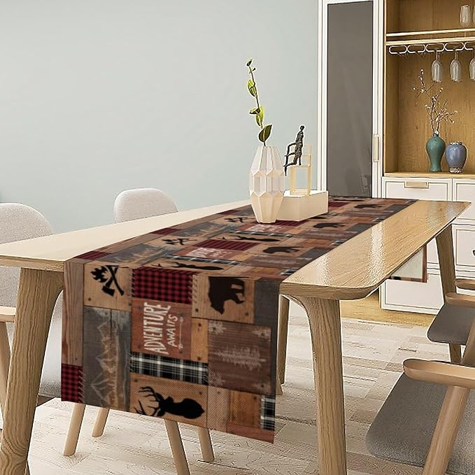 Rustic Cabin Moose Deer Bear Table Runner, Retro Bear Cottage Country Style Cabin Farmhouse Dinner Runner for Home Kitchen Dining Table Decoration 13"x90"
