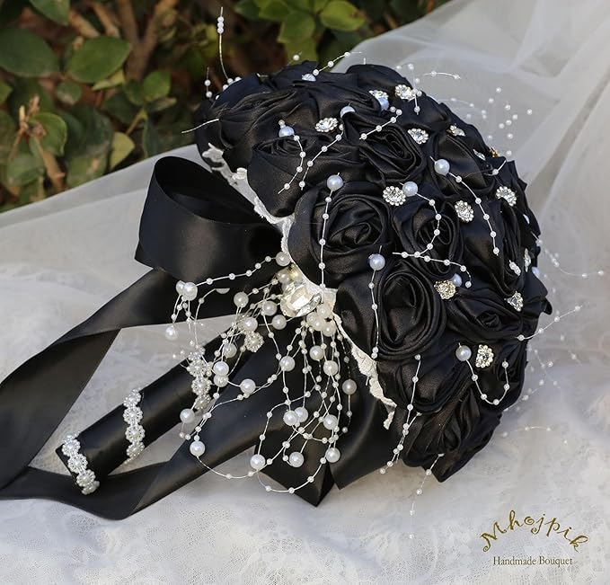 Bridal Wedding Bouquet Round Bling Brooch Bouquet Throw Toss Artificial Rose Flower Bunch for Bride Bridesmaid Wedding Quinceanera(Black, 9.8")