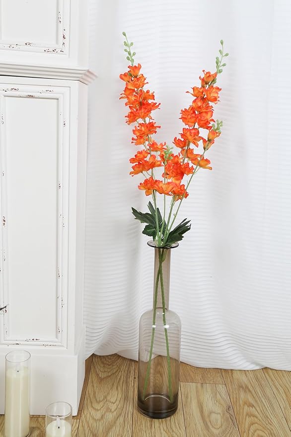 Orange Delphinium Artificial Flowers,8PCS Long Stem Silk Larkspur Flowers 33.5'' Faux Delphinium Stems for Tall Vase Home Wedding Table Decor(Orange)