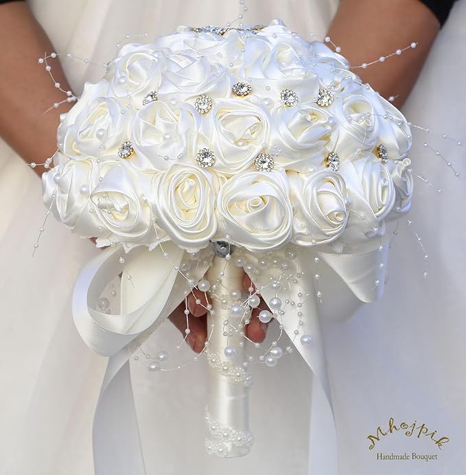 Bridal Wedding Bouquet Round Bling Brooch Bouquet Throw Toss Artificial Rose Flower Bunch for Bride Bridesmaid Wedding Quinceanera(Ivory, 8.7")