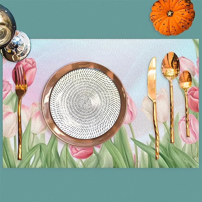 PVC Placemats Set of 6 Flower Tulip Pink Wipeable Table Mats Washable Heat Resistant Non Slip Vinyl Dining Table Mat for Kithen Indoor Outdoor Patio Farmhouse Place Mats Decorative