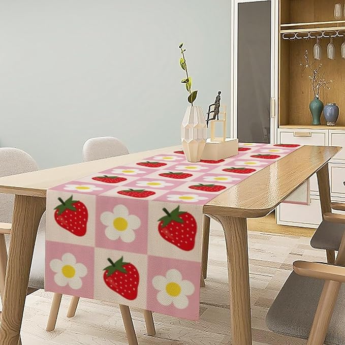 Strawberry Table Runner, Spring Summer Fruit Birthday Party Decorations Dining Room Home Kitchen Table Decor 13 x 108Inch