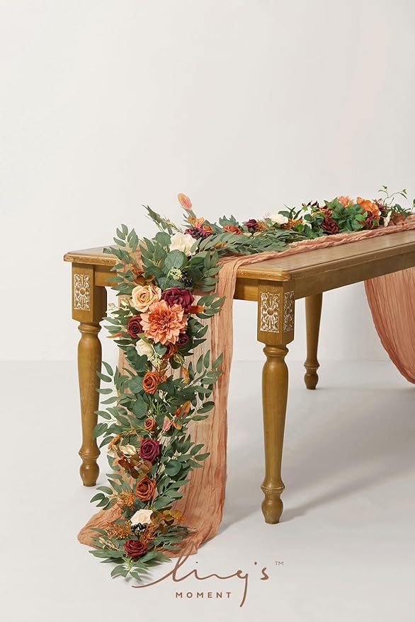 Ling's moment Terracotta Flower Garland - 6FT Eucalyptus & Rose - Sweetheart Table Decor for Wedding Reception, Fall Artificial Floral Garland for Mantle, Christmas Decoration, Burnt Orange