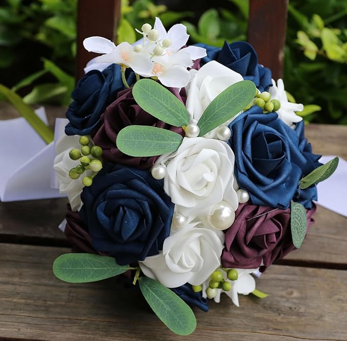 Lightweight Bridal Wedding Bouquet Round Holding Bouquet Throw Toss Artificial Rose Flower Bunch for Bride Bridesmaid Wedding Quinceanera (White, Navy & Dark Puce, 7.9")