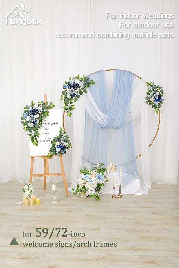 Wedding Welcome Signs Floral(Pack of 2)，Wedding Arch Flowers for Wedding Decorations and Reception Backdrop Decoration (Blue)