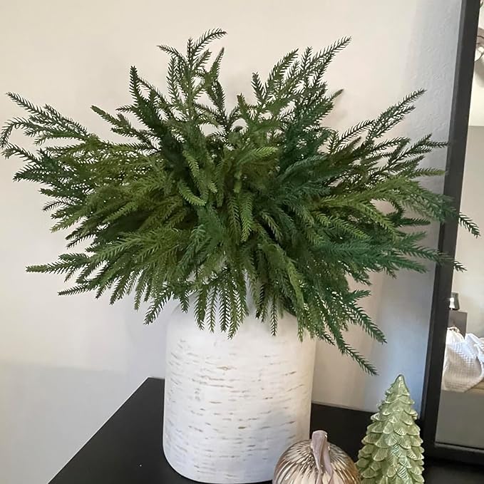 12 Pcs Christmas Norfolk Pine Branches Real Touch Norfolk Pine Stems Picks Faux Greenery Holiday Evergreen Stems for Vase DIY Crafts Garland Wreath Home Decor - 18" Long