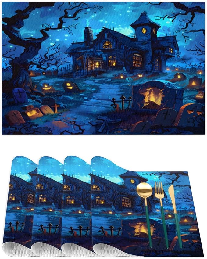 Halloween Castle Scary Blue Placemats Set of 4 PVC Vinyl Non Slip Table Mats Heat Resistant Place Mats Washable Wipeable Dining Table Mat for Kitchen Decor Party Indoor Outdoor Decorative Gift