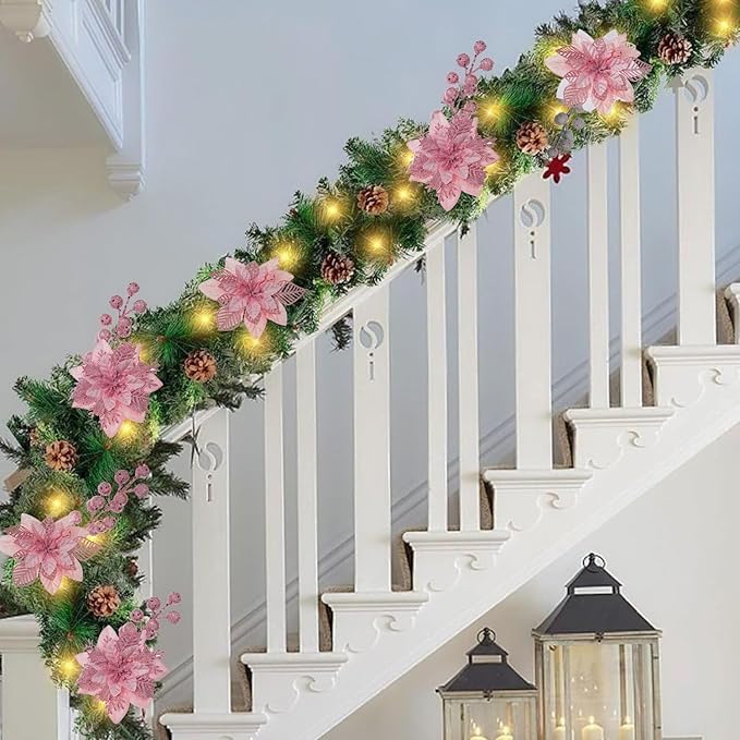 24 Pcs Pink Boxed Christmas Poinsettia Flowers Set, 16 Pcs Artificial Poinsettias with Clips, 8 pcs Glitter Christmas Tree Ornaments Berry Stems for Wedding Home Holiday Xmas New Year Decorations