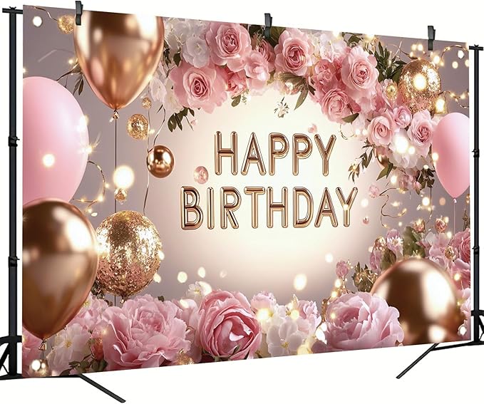 Pink Rose Happy Birthday Backdrop Banner Gold Glitter Crown Photography Background Women Girls Birthday Party Decoration Balloon Gift Floral Banner Photo Booth Props 71x43 Inch