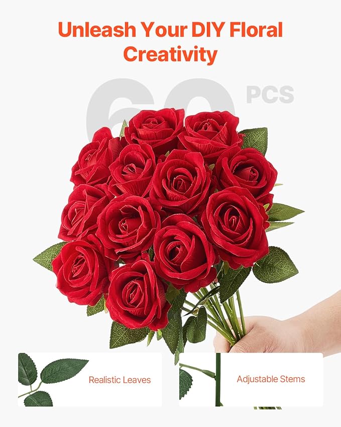 VEVOR Artificial Flowers, 60 pcs Real Looking Red Foam Fake Roses Bulk, Faux Red Bridal Shower with Stems for DIY Wedding Bouquets, Home Centerpieces Arrangements, Party Tables Decorations