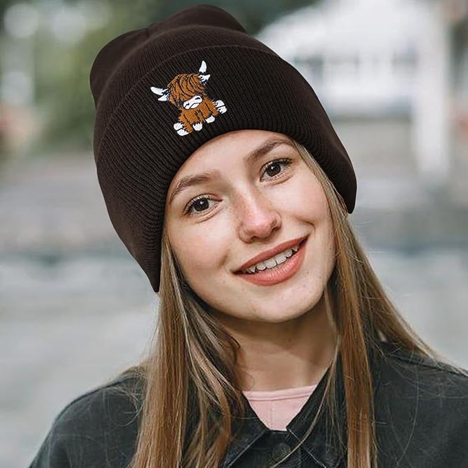Scottish Highland Cow Beanie Hat, Cute Funny Cow Embroidery Winter Knit Skull Cap for Adult Men Women
