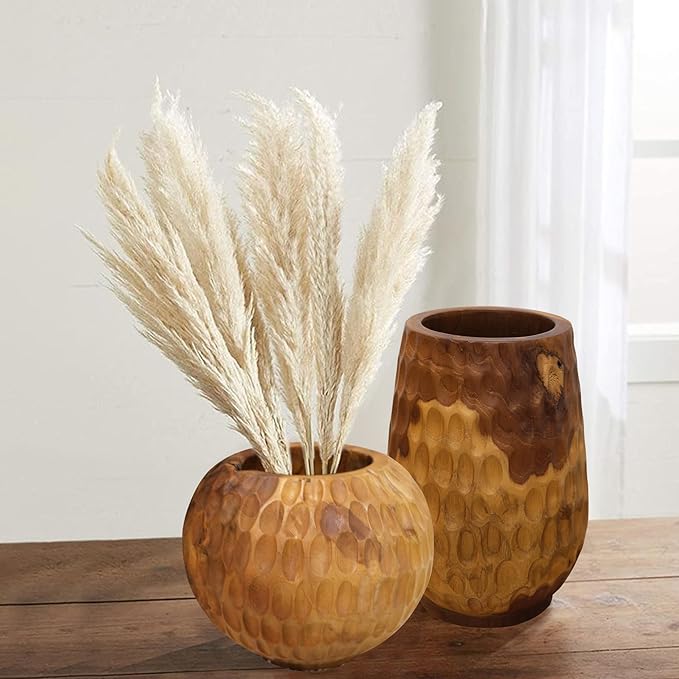 Teak Wooden Handcrafted Pot 9.5" x 9.5" x 7.1"H Natural Wood Round Vase Handmade Rustic Flower Holder for Entry Table Brown Stain Vintage Artworks Planter Living Room Home Christmas Décor