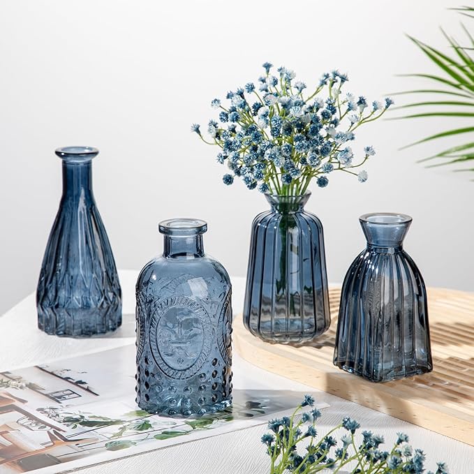 Glass Bud Vases Set of 10, Blue Small Flower Vase in Bulk for Centerpieces, Mini Vintage Vases for Rustic Wedding Vintage Home Table Decor