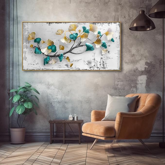 Wall Art Ginkgo Leaf Modern Botanical Artwork Canvas Painting for Living Room Bedroom Dining Room Home Office Decor 24"x48" with Framed