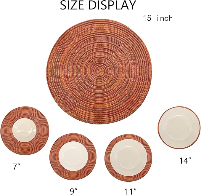 Youyi Better Lifes Round Braided Placemats Set of 6 Colorful Washable Durable Placemats Non-Slip 15 Inch Red-Orange Woven Table Mats for Dining Tables Holiday Party Decoration