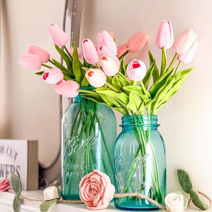 Beferr Pink Tulips Artificial Flowers 18Pcs Faux Tulip Real Touch Tulip Fake Flowers Bouquets Arrangements for Mothers Day Spring Easter Wedding Home Table Decor Pink