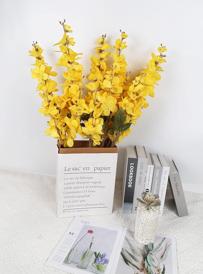 6PCS Yellow Delphinium Artificial Flower Lifelike Silk Larkspur Flowers Plant 35.43" Long Stem Blossoms Fake Flowers for Tall Vase Floral Arrangements Home Table Wedding Decor(Yellow)