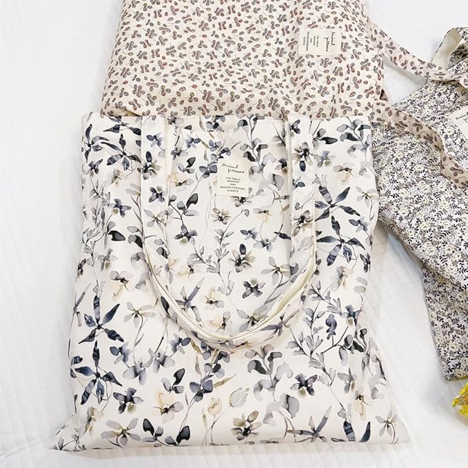 Cotton Canvas Tote Bag Reusable Soft Grocery Cloth Bag Floral Shoulder Bag for Beach Travel Shopping