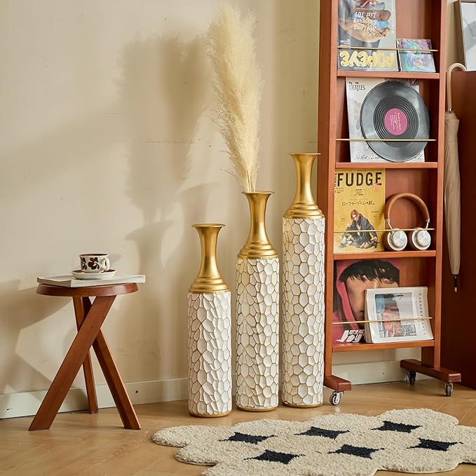 Floor Oversized Gold Metal Decorative Vase with 3D Triangle Pattern Set of 3 Large Vases for Home Living Room 33.5 ", 29.5 ", 25.2" High (Antique Gold+White)