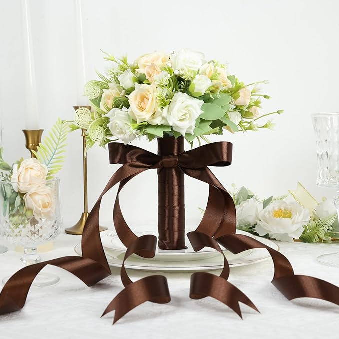 Brown Ribbon 1 Inch 60 Yards, Brown Satin Ribbon for Gift Wrapping, Flower Bouquet, Graduation Lei, Crafts, Baby Shower, Eternal Flower, Christmas and Wedding