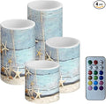 Flickering Flameless Candles 4 Pieces Set, LED Pillar Candles with Timer Battery Operated Tea Lights for Coastal Decor, Beach Starfish with Blue Wood Grain