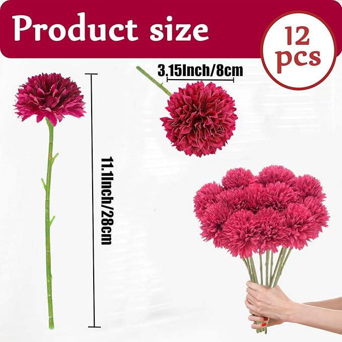 Tinsow 12Pcs Artificial Chrysanthemum Flowers Faux Bright Red Ball Flowers Burgundy Fall for Christmas Autumn Farmhouse Home Decoration (12,Bright Red)