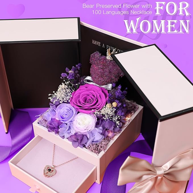 Gifts for Mom Grandma Christmas Birthday Preserved Flowers Roses with Heart Necklace Fresh Flowers for delivery Prime Eternal Forever Flower Box Xmas Gifts for Women Mother Her Wife from Daughter