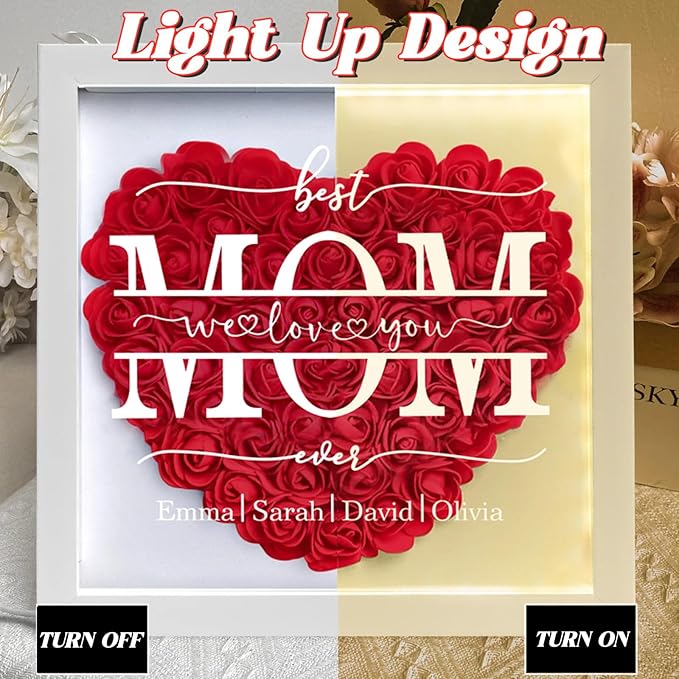 Personalized Mom Flower Shadow Box With LED Light Best Mom Ever Flower Shadow Box Light Up Picture Frame With Kid's Name Mothers Day Gifts for Mama Grandma Family Birthday