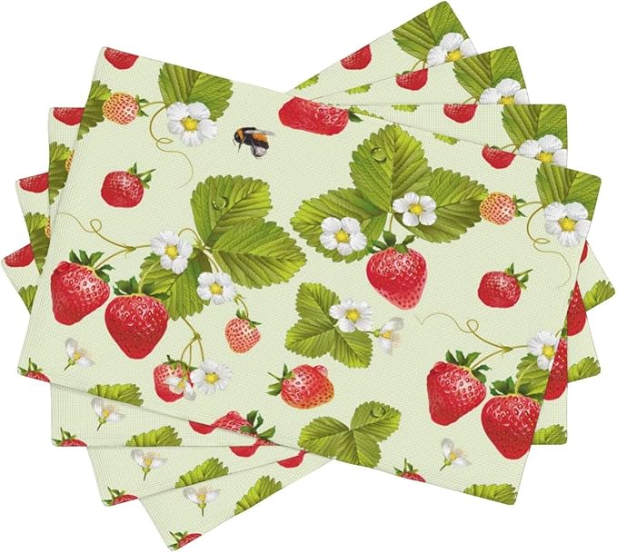 Fruit Linen Placemats Set of 4 Strawberry Plants Flowers Placemats for Indoor Outdoor Party Home Desktop Kitchen Dining Room Decor 12x18 Inch