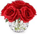 7 Large Stem Rose Red Artificial Flowers in Vase, Silk Flowers Arrangement in Round Glass Vase Without Water for Home Decor, Wedding Table (Red)