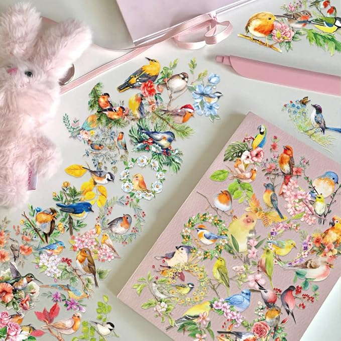 50PCS Watercolor Bird & Flower Stickers, PET Transparent Waterproof Decals for Scrapbooking, Journal Planners, Phone Cases, Laptops, DIY Crafts Decorations - Nature Theme Art Supplies
