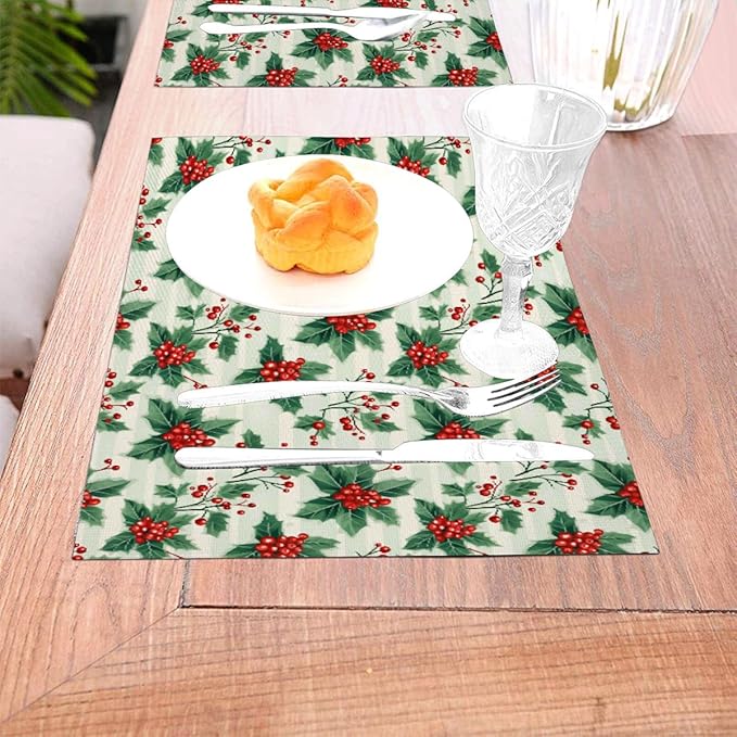 PVC Placemats Set of 6 Wipeable Table Mats Washable Heat Resistant Non Slip Vinyl Dining Table Mat for Kitchen Indoor Outdoor Patio Farmhouse Place Mats Christmas Red Berry Decorative