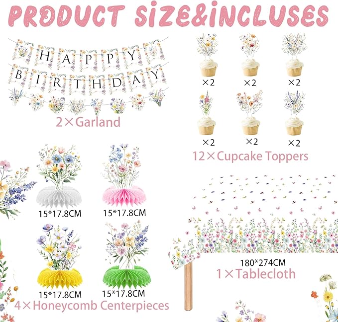 Wildflower Birthday Party Decorations for Girls Women, Banner Centerpieces Cupcake Toppers Tablecloth, Spring Floral Paper Plates Napkins Cups Forks Straws Supplies Serve 20