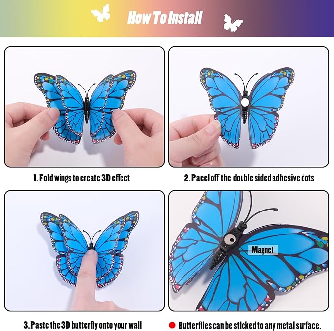 SAOROPEB 3D Butterfly Wall Decor, 48 Pcs Double Layer Butterfly Decorations for Party Decorations Locker Decor Refrigerator Decal, Reusable (Blue)