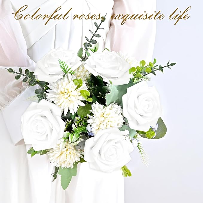 BLEUM CADE 16Pcs Artificial Flowers Fake Roses with Stems, White Boxed Foam Roses for DIY Bouquets Centerpieces Wedding Party Arrangement Bridal Shower Decor