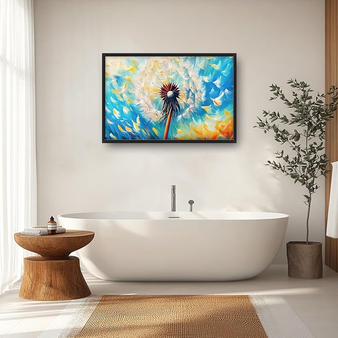 Extra Large Abstract Dandelion Framed Wall Art for Living Room,Oversized Colorful Dandelion Flower Pictures Wall Decor,Blue Canvas Print Painting Modern Artwork Bedroom Office Bathroom 36L x 24W